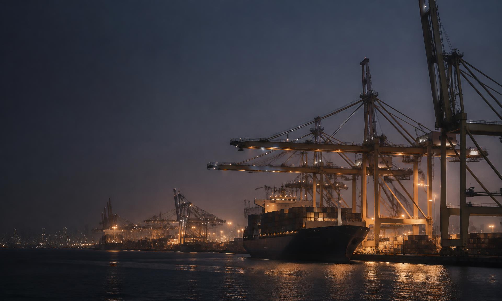 Container ship berthed beneath gantry cranes at a port at dusk