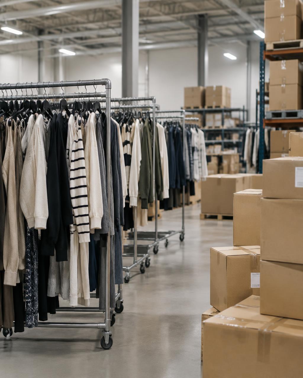 Garment rails and cartons in a fulfilment centre