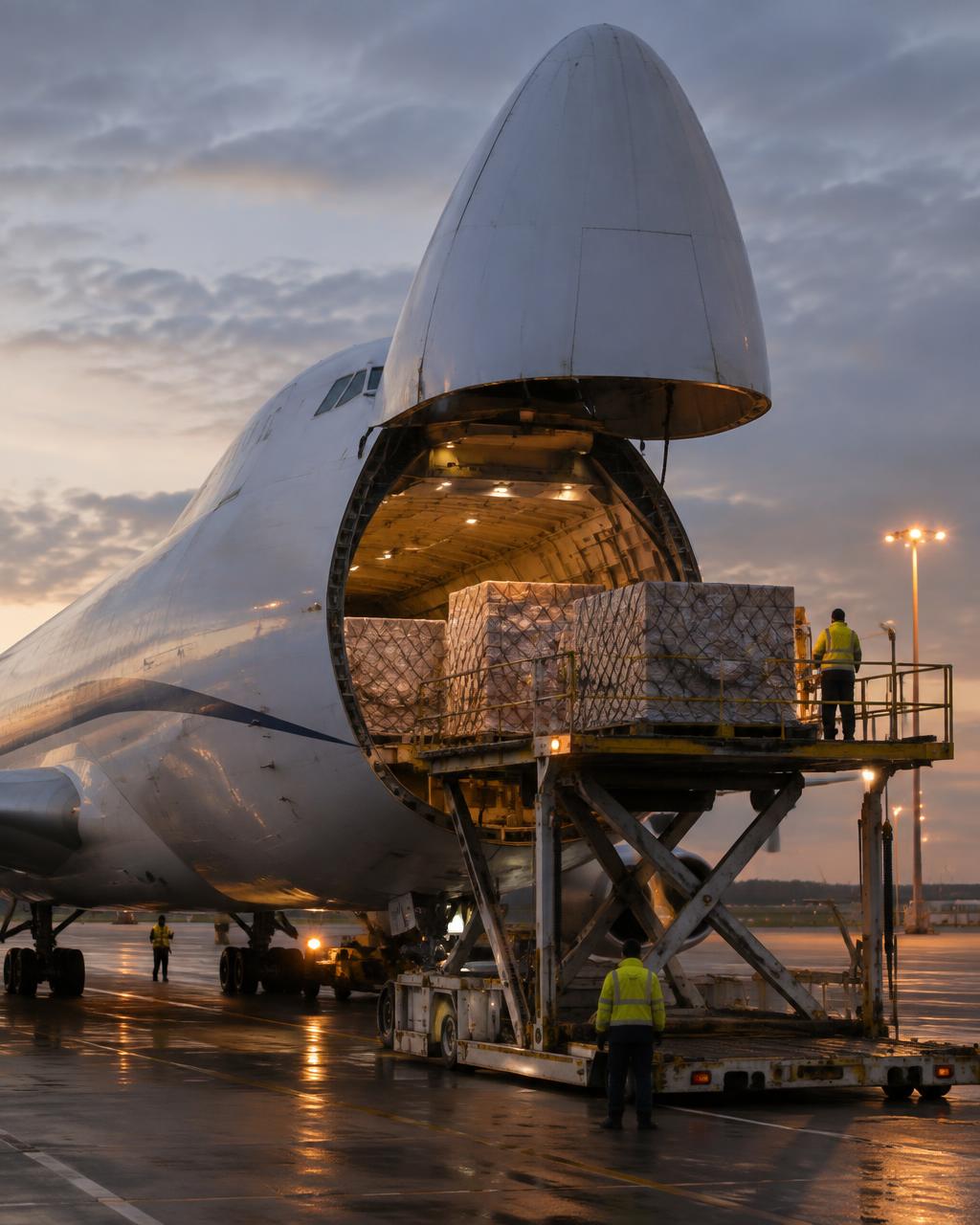 Cargo aircraft with nose door open, pallets being loaded at dusk